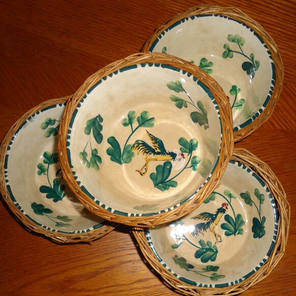 Vintage Hand painted 4 Bowls & wicker basket holders 5” Rooster Flower Japan - Picture 5 of 12